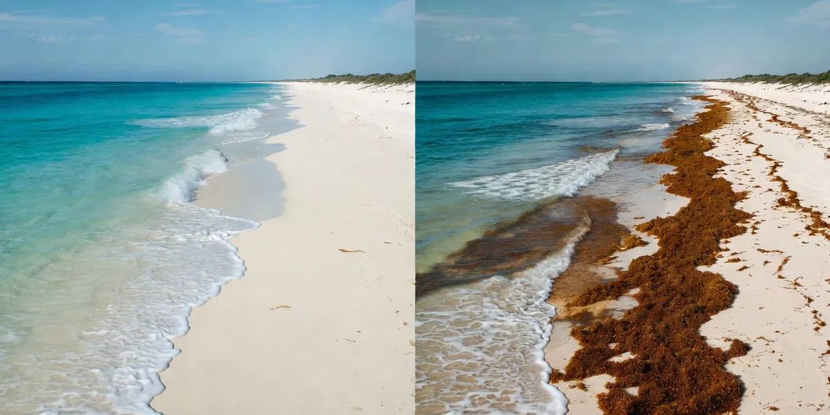 Side by side: Tulum beach in clear dry-season conditions and the same shore during sargassum season
