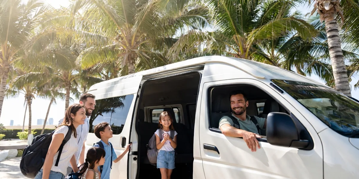 Private transfer van on the palm-lined highway between Cancún airport and the Hotel Zone