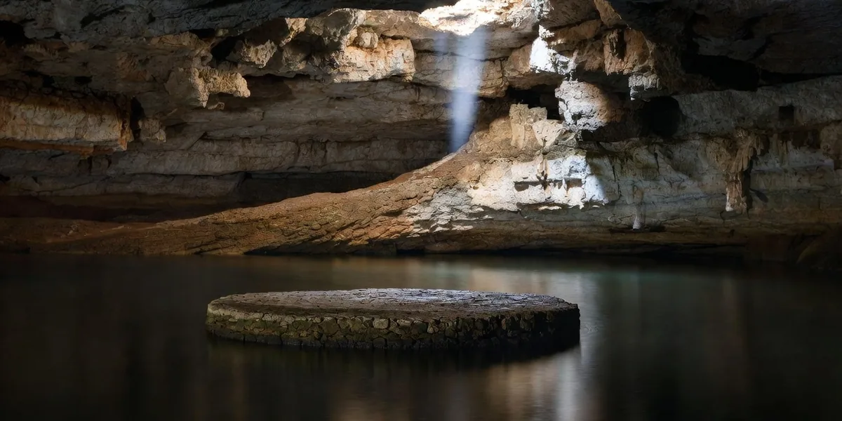 Light beam over the stone platform inside a cavern cenote near Valladolid