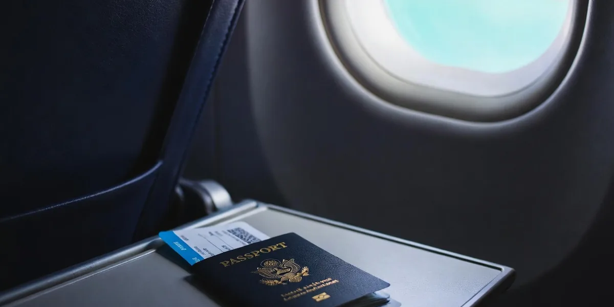 Passport and boarding pass on an airplane tray with the Caribbean coast through the window