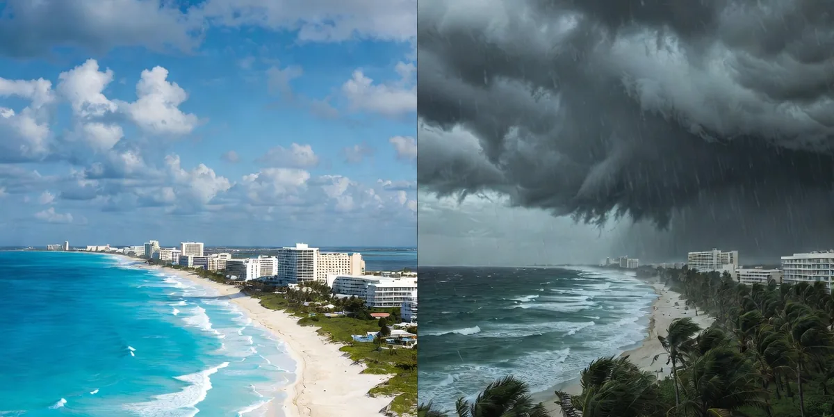 Side by side: sunny dry-season Cancún beach and dark storm clouds over the same coastline in hurricane season