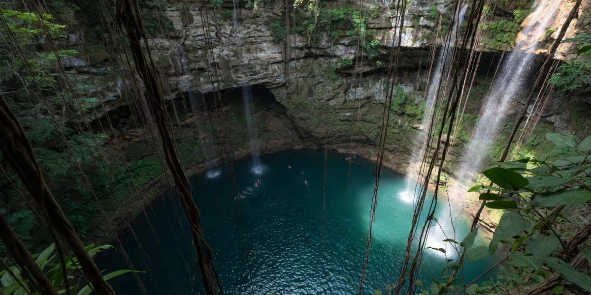 Long hanging vines over the deep circular swimming hole of Cenote Ik Kil near Chichén Itzá