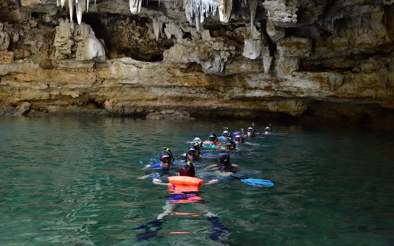 Small tour group snorkeling with life vests in a cavern cenote near Tulum