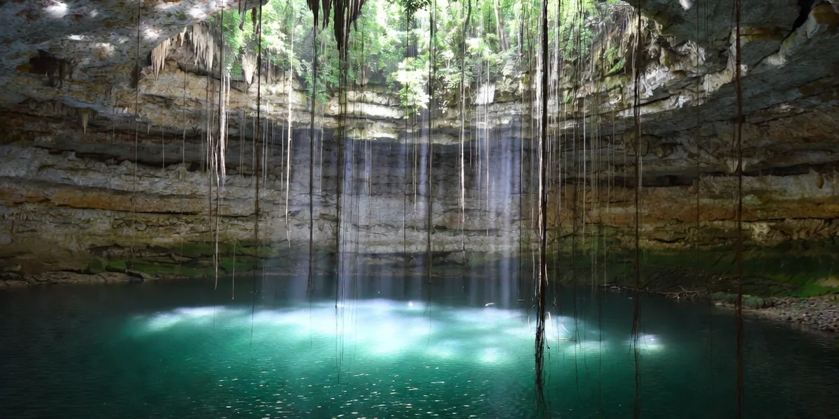 Sunbeams and hanging vines over the turquoise water of an open cenote in the Yucatán jungle