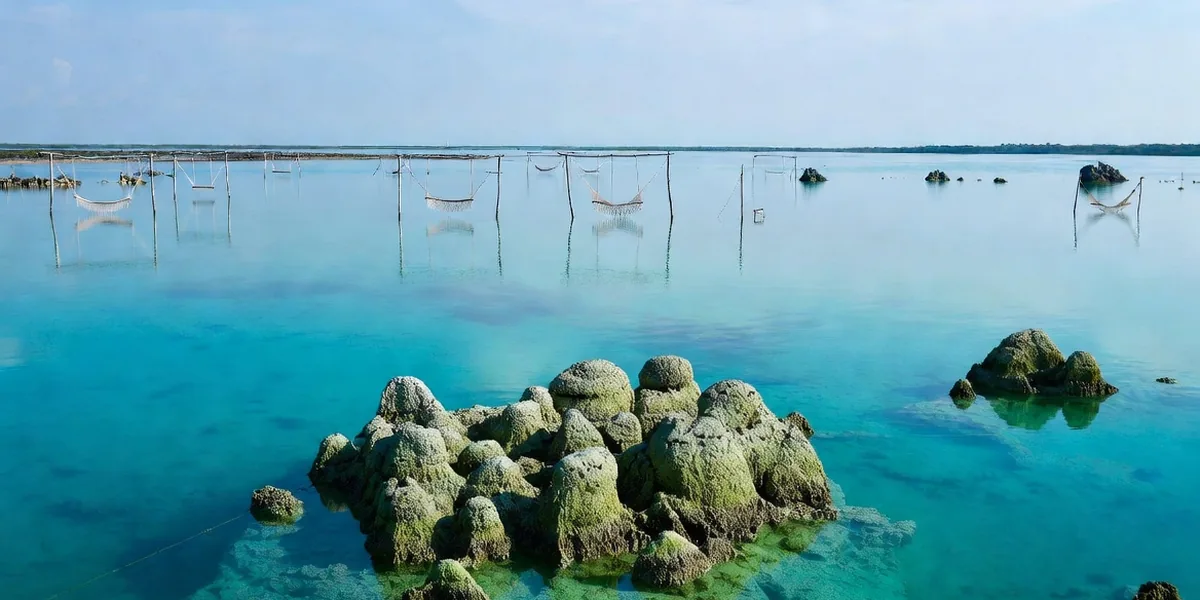 Rounded stromatolite formations in the shallow water of Cocalitos with hammocks over the lagoon, Bacalar