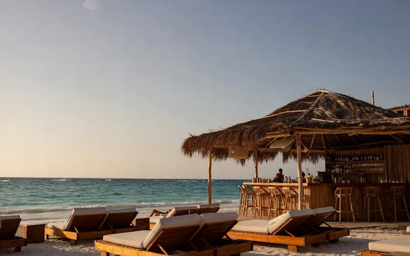 Beach club loungers and palapa bar at sunset on Cozumel's west shore