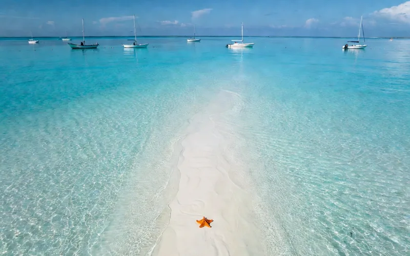 Shallow sandbar with a starfish and anchored boats at El Cielo, Cozumel