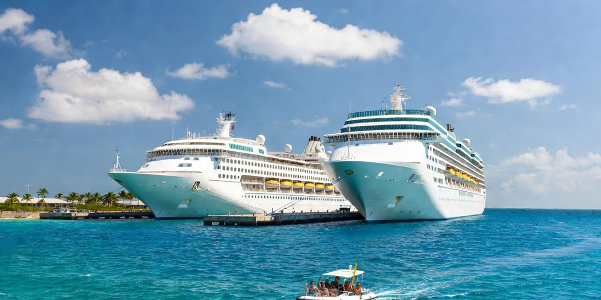 Cruise ships docked at the Cozumel piers with a snorkel boat crossing turquoise Caribbean water in the foreground