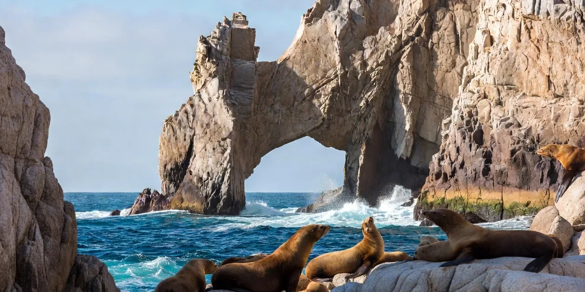El Arco granite arch at Land's End, Cabo San Lucas, with sea lions on the rocks at its base