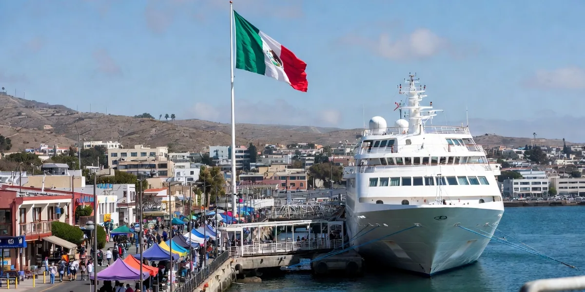Cruise ship at the Ensenada pier with the malecón waterfront and Baja California hills behind