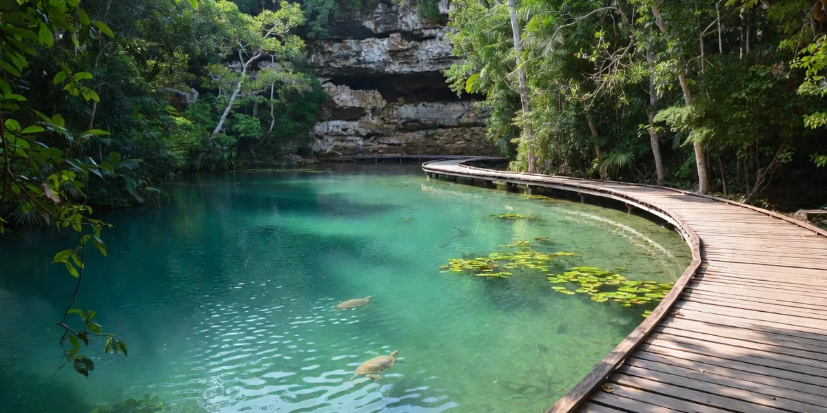 Wooden deck over clear turquoise water with small freshwater turtles at Gran Cenote, Tulum