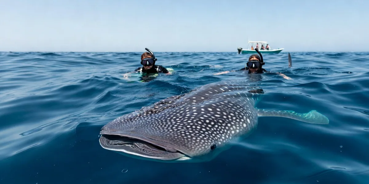 Two snorkelers swimming alongside a whale shark in open water off Isla Holbox