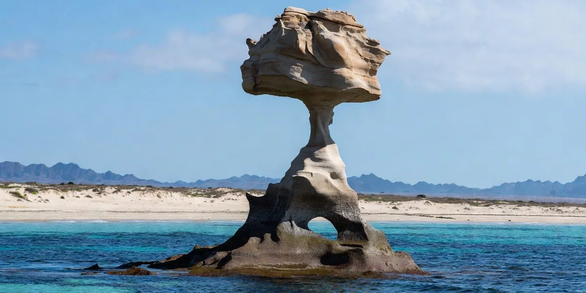 The mushroom rock in the shallow turquoise bay of Playa Balandra, La Paz