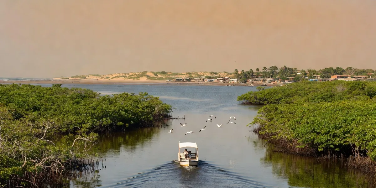 Lancha crossing the mangrove lagoon toward the beach village of Chacahua, Oaxaca