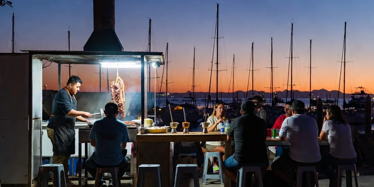 Cheap and good — a street taco stand with plastic stools near the Cabo marina