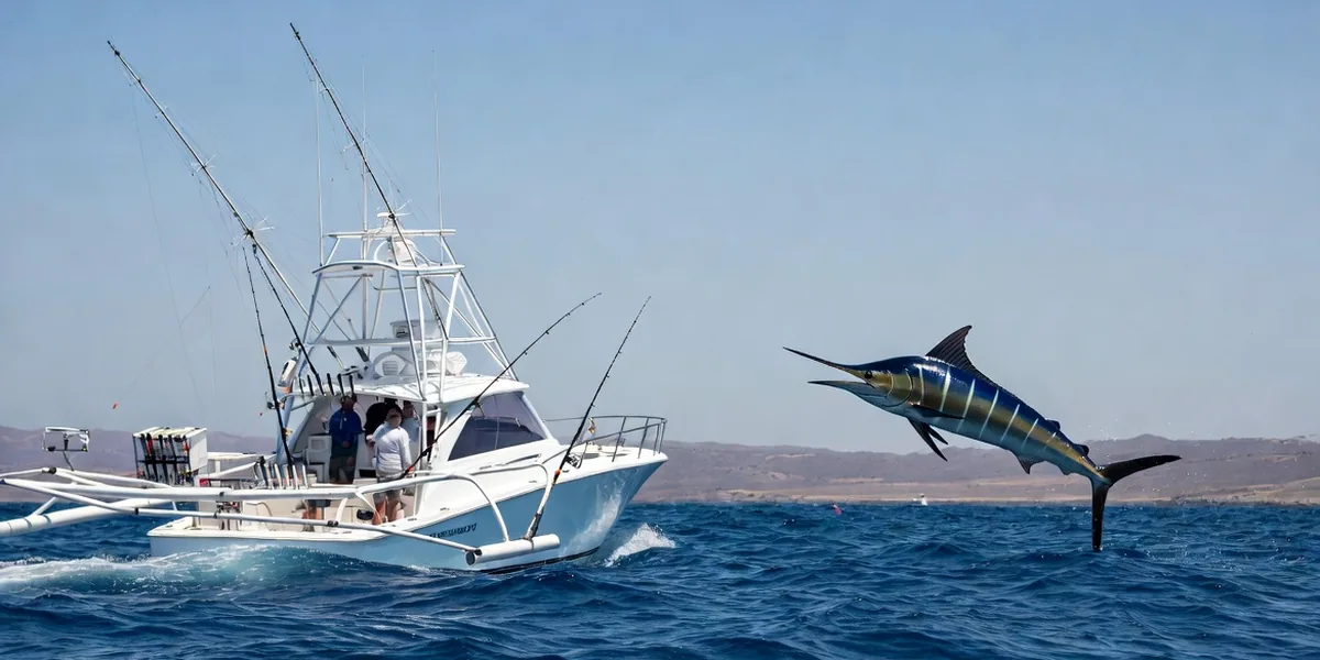 Striped marlin jumping behind a sportfishing boat offshore from Los Cabos