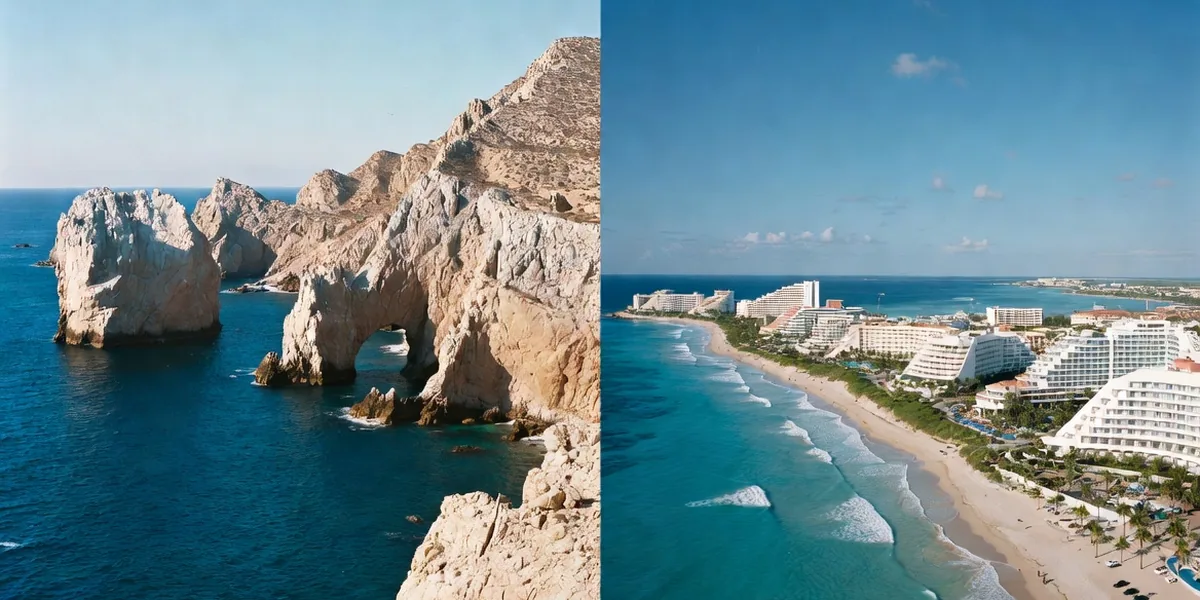 Side by side: the desert rock arch of Los Cabos and the turquoise Caribbean hotel strip of Cancún