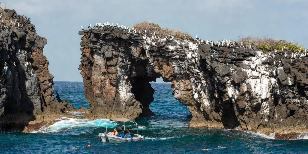 Tour boat and snorkelers at the rock arches of the Marietas Islands with seabirds on the cliffs
