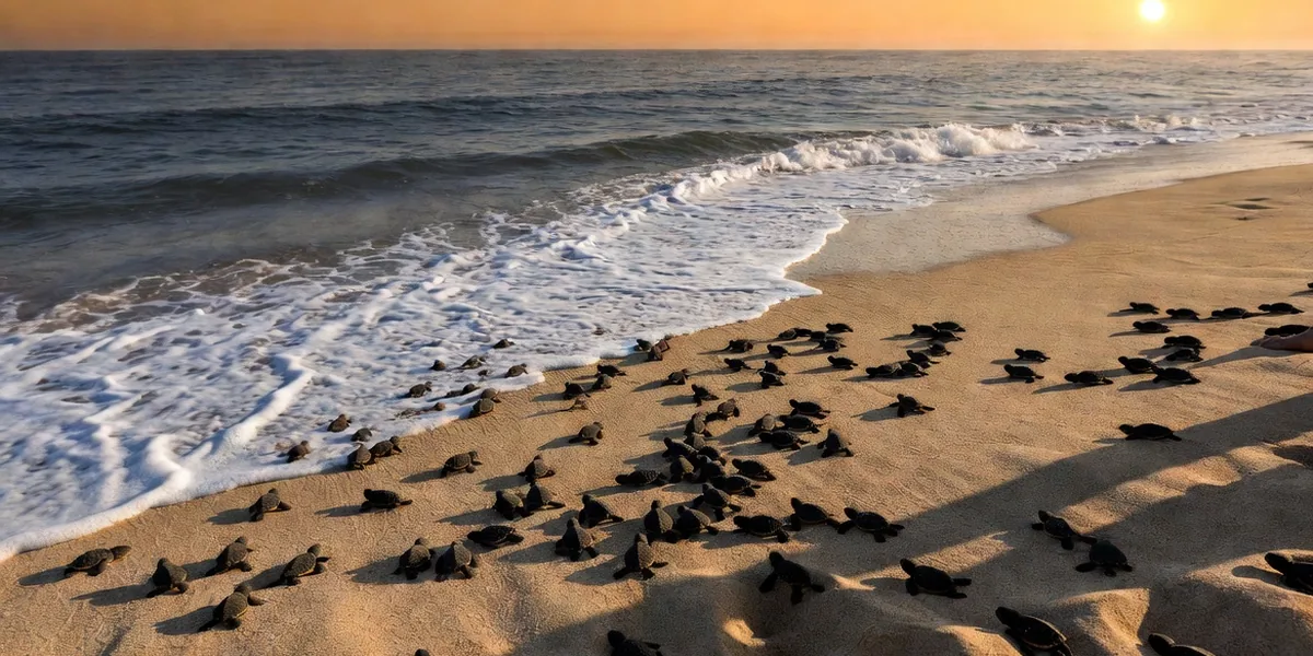 Baby sea turtles crawling to the ocean at a sunset release on a Puerto Escondido beach