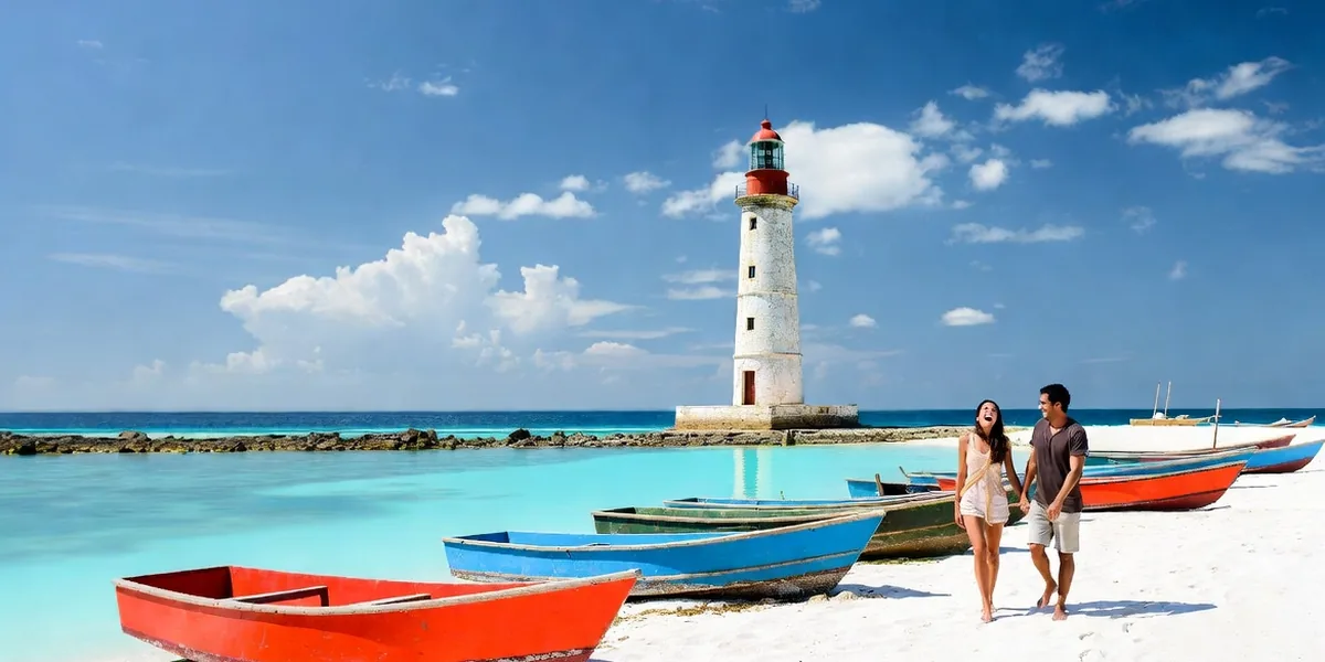 The leaning lighthouse of Puerto Morelos on white sand with fishing boats and calm turquoise reef-protected water