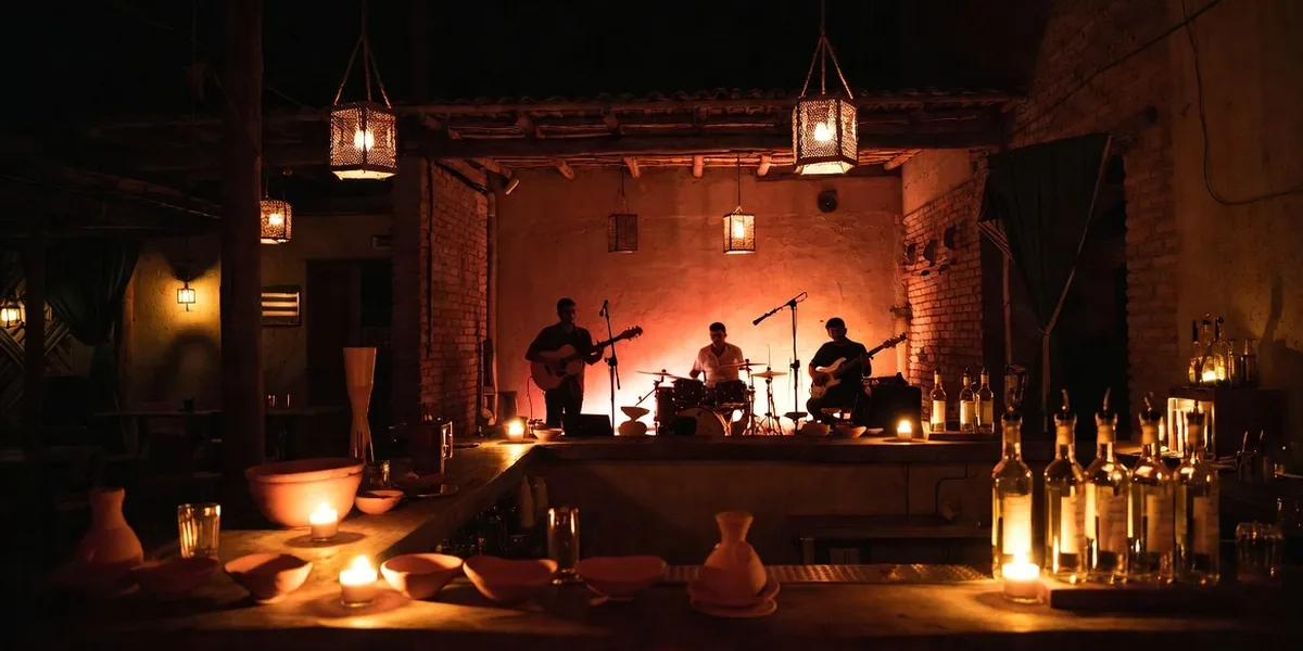 Candlelit mezcal bar with a small live band playing in Sayulita