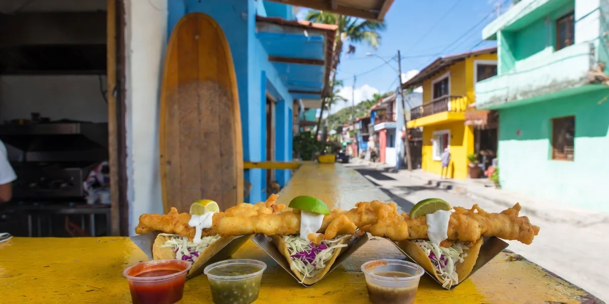 Baja-style fish tacos at a colorful surf-town counter in Sayulita