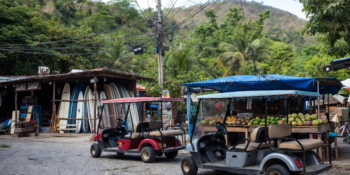 Golf cart taxis and a fruit stand on a cobblestone corner in Sayulita