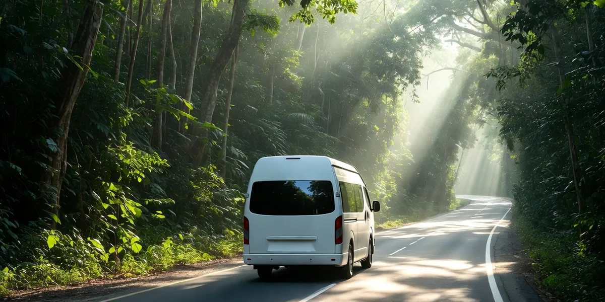 Transfer van leaving the new Tulum international airport terminal on the jungle highway toward town