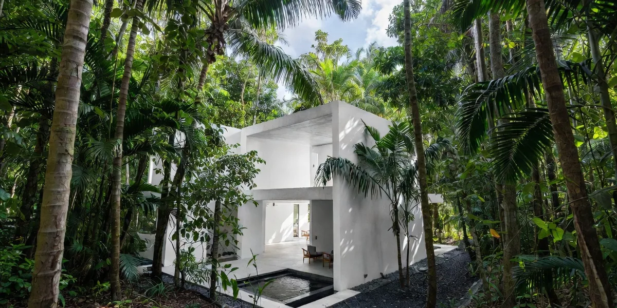 Minimalist white condo building with a cenote-style pool set in the Tulum jungle
