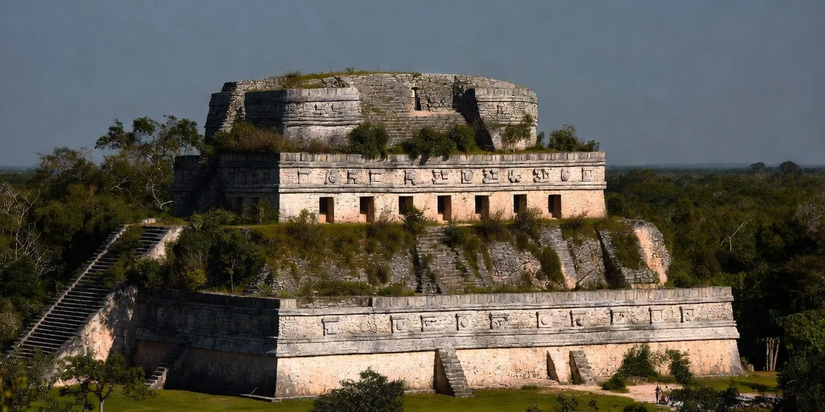 The rounded Pyramid of the Magician rising over the Puuc ruins of Uxmal, Yucatán