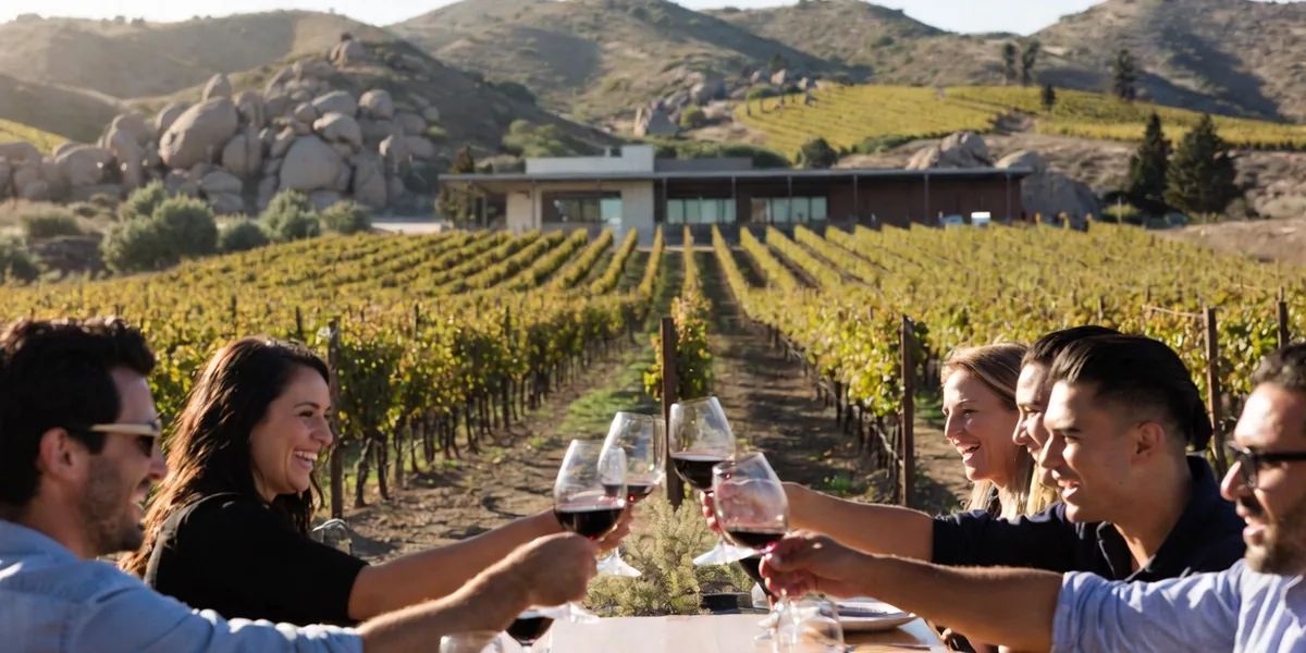 Vineyard rows running toward granite hills in the Valle de Guadalupe wine region of Baja California at golden hour